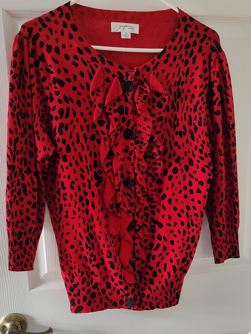 Jones New York Red Leopard Ruffle-Front Cardigan